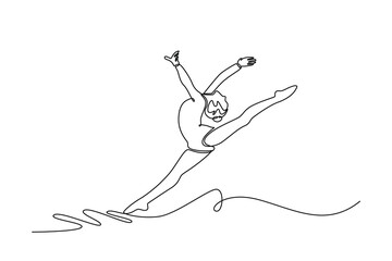 Continuous one line drawing gymnast girl doing splits in the air. Active gymnast woman in sportswear dress working out, performing art gymnastics. Single line draw design vector graphic illustration