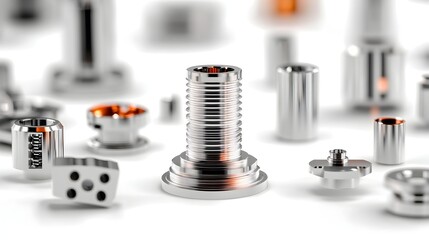 Precision metal parts, studio shot, machined components, manufacturing, white background