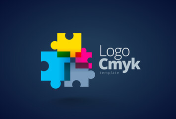 Logo Printing theme CMYK color puzzles. Template design vector. Black background.