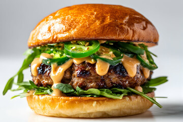 Close Up Gourmet Burger On White Surface With Brioche Bun Juicy Patty Arugula And Jalapenos