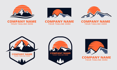 Set of Modern Mountain Logos Featuring Sunrise and Customizable Text