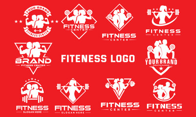 Set of Fitness Logos with Gym and Exercise Icon Designs