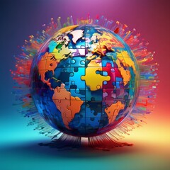 Naklejka premium Vibrant Colorful Earth Globe Illustration Jigsaw Puzzle Concept Representing Unity, Diversity, Solutions, and Global Connection on a Rainbow Backdrop