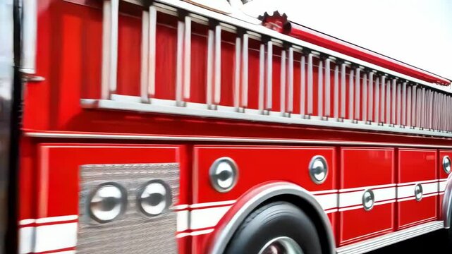 Close-up detail of a bright red fire engine truck with reflective silver cross emblem and ladder, showcasing emergency vehicle equipment