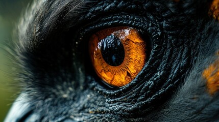 Close-up of an emu's eye. Detailed view of an orange-amber eye, dark plumage