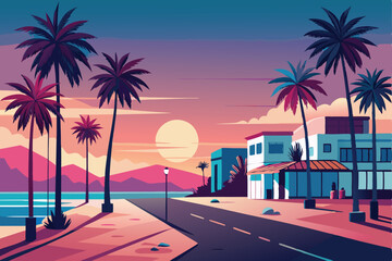 Golden sunsets illuminate the tropical beach, casting silhouettes of palm trees against the vibrant sky