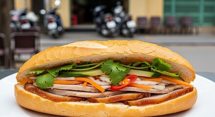 A close-up of a traditional Vietnamese banh mi sandwich filled with pork, pickled vegetables, herbs, and chili, served on a crispy baguette.