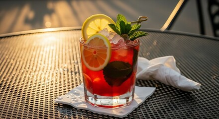 A refreshing Bourbon Smash cocktail served with lemon slices, mint leaves, and crushed ice on a metal patio table in warm sunset light.

