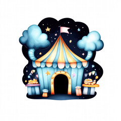 A whimsical circus tent with yellow and blue stripes, surrounded by stars, clouds, and carnival food stalls, set against a starry night sky.
