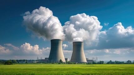 Twin nuclear cooling towers emitting white steam into the atmosphere with a surrounding green landscape, useful for power and environment topics