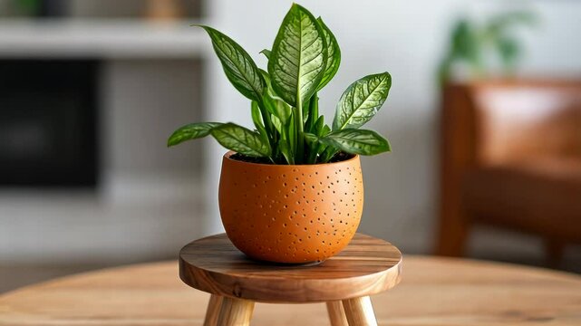 Houseplant in terracotta pot on a wooden stand