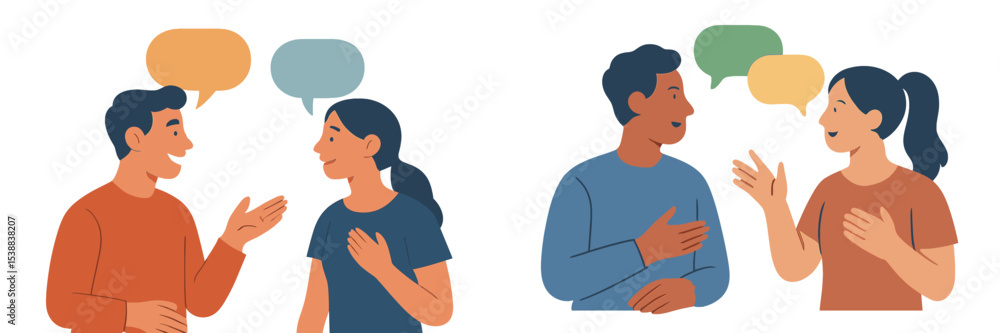 Poster two groups of people engaging in friendly conversation in a casual setting with speech bubbles illus