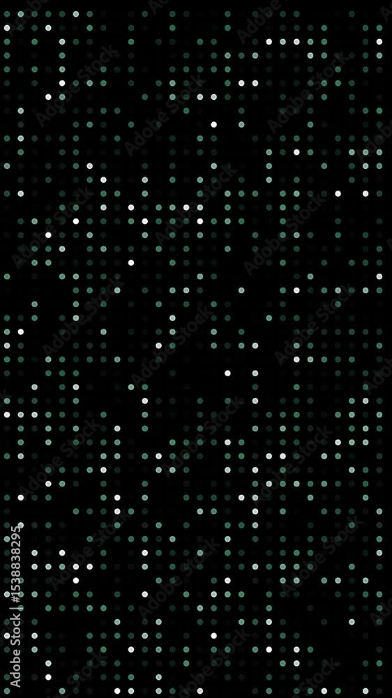 Poster abstract dark background with random green and white dots, digital pattern
