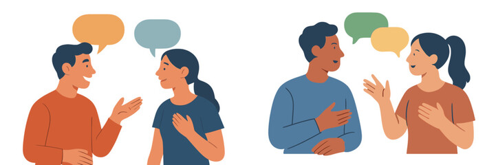 Two groups of people engaging in friendly conversation in a casual setting with speech bubbles illustrating dialogue