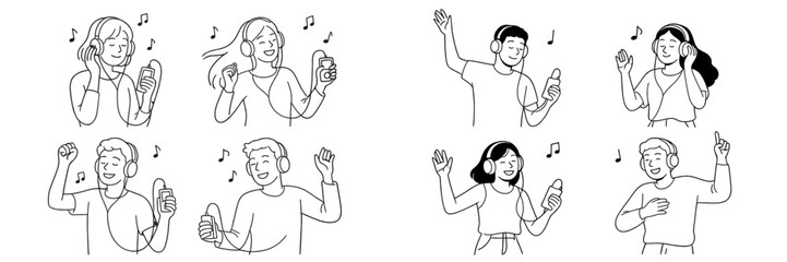 Group of people enjoying music together through headphones in a lively atmosphere during a casual gathering