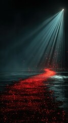 Light beams illuminate a shimmering red pathway across a dark reflective surface at twilight