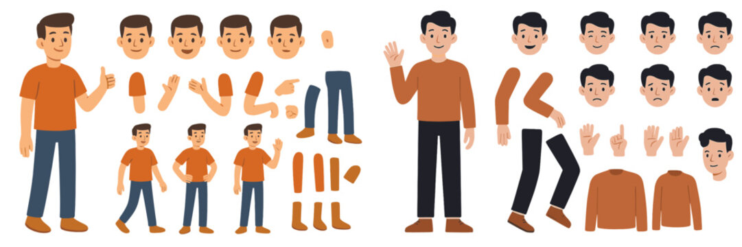 Character design sheet featuring multiple poses, expressions, and body parts for an animated male character