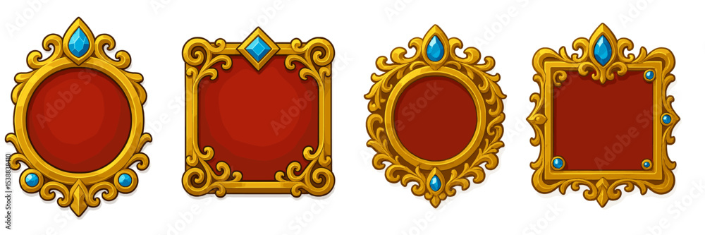 Poster decorative golden frames with empty centers displayed in a row on a white background