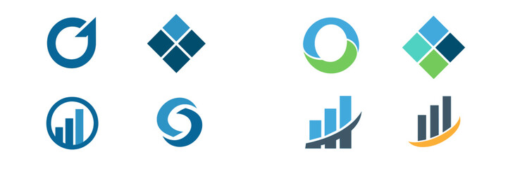 Modern design showcasing various logo concepts in blue, green, and black colors displayed in a grid layout