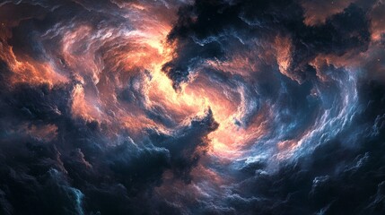 Abstract swirling cloudscape with orange and blue hues suggesting a dramatic sky.