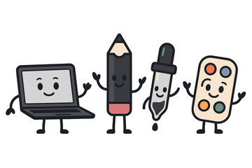 Fun cartoon characters represent creative tools in a vibrant and playful illustration suitable for educational purposes