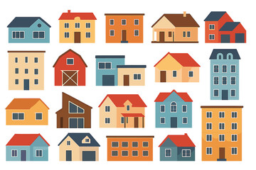 Collection of colorful house illustrations showing different architectural styles in a vibrant neighborhood