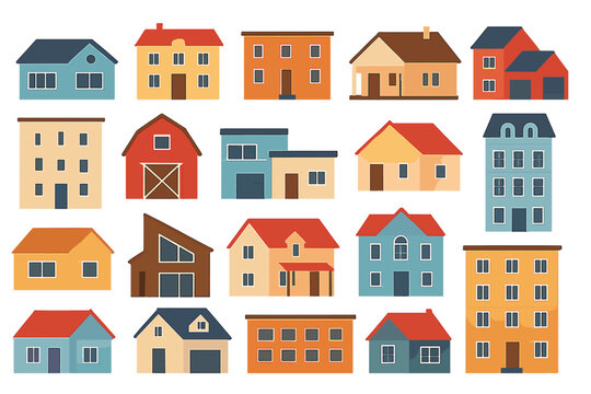 Collection of colorful house illustrations showing different architectural styles in a vibrant neighborhood