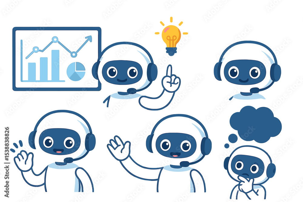 Poster robot characters engaging in various activities related to communication and idea generation