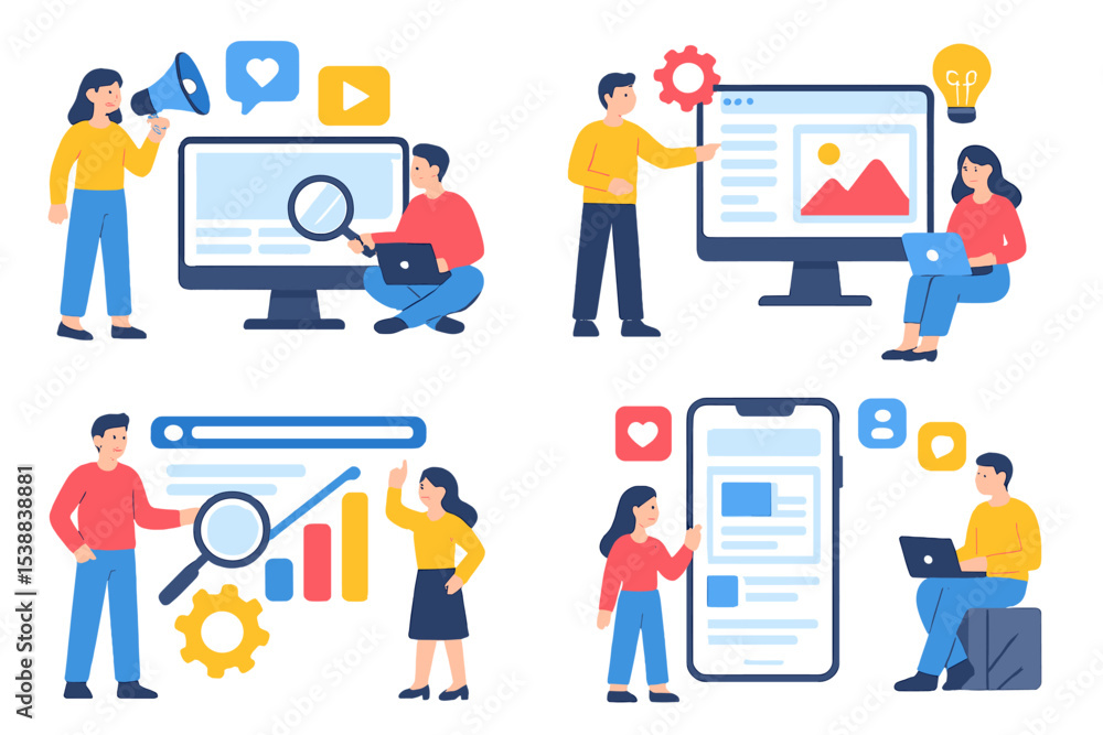 Aufkleber digital marketing concepts with diverse professionals exploring online tools and resources while wor