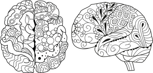 Brain images in zentangle style for coloring. Decorative unusual ornaments.