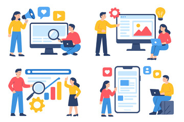 Digital marketing concepts with diverse professionals exploring online tools and resources while working on various devices