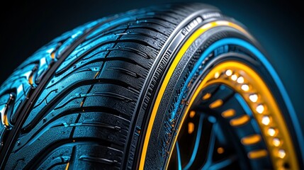 Close-up of futuristic tire with vibrant blue tread and glowing orange rim