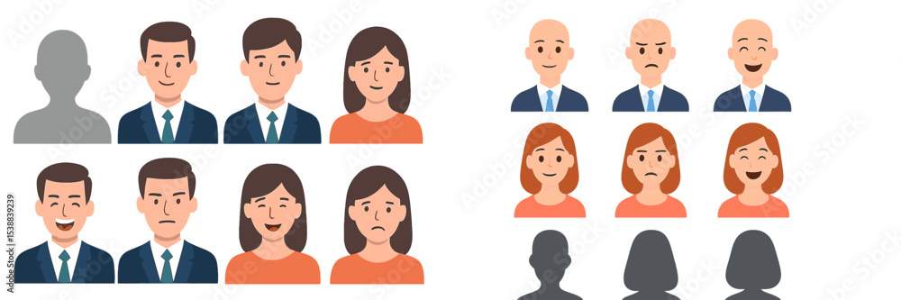 Poster diverse expressions and emotions displayed by various characters in formal and casual attire during 