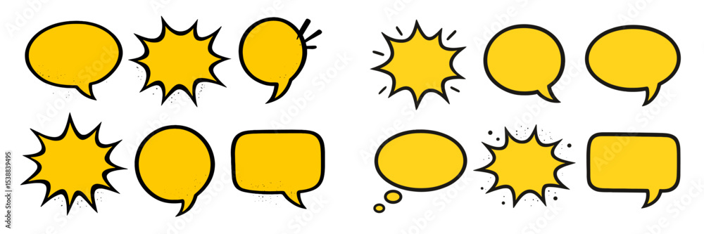 Poster graphic collection of various yellow speech and thought bubbles showing different shapes and styles 