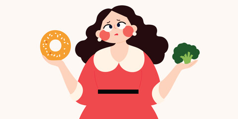 Woman facing a difficult decision: donut or broccoli? This illustration captures the internal struggle between indulgence and healthy eating.