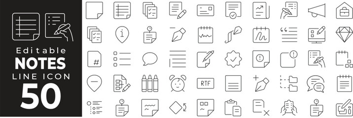 Notebook and memo icon collection. Includes sticky notes, reminders, handwriting, checklist, and writing pads. Editable stroke.