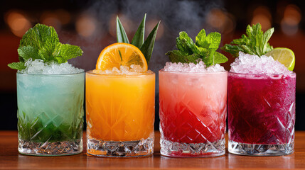 Refreshing cocktails in vibrant colors showcase delightful mix of flavors and garnishes. Each drink is adorned with fresh mint, citrus slices, and ice, creating inviting atmosphere