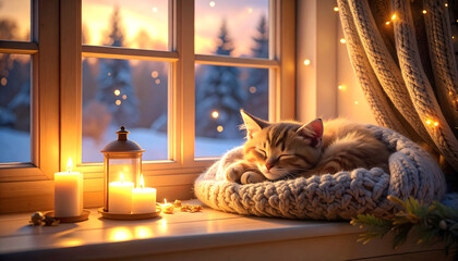 Cozy Kitten Napping by the Window on a Snowy Evening
