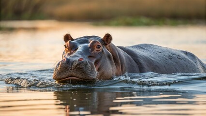 Close-up of hippopotamus swimming in river at golden hour, with natural green background. Wild animal in its habitat, captured in warm evening light. Wildlife nature photography