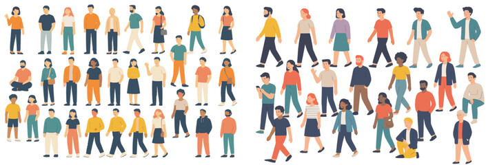 Diverse group of people walking in various outfits during a sunny day in a vibrant urban environment