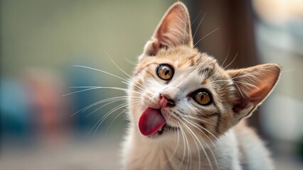 Close-up of cute tabby kitten with big eyes and tongue out, licking its nose. Adorable cat expression with blurred outdoor background. Funny pet portrait in natural light.