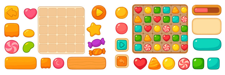 Colorful candy game interface featuring various shapes and sizes for a fun puzzle experience