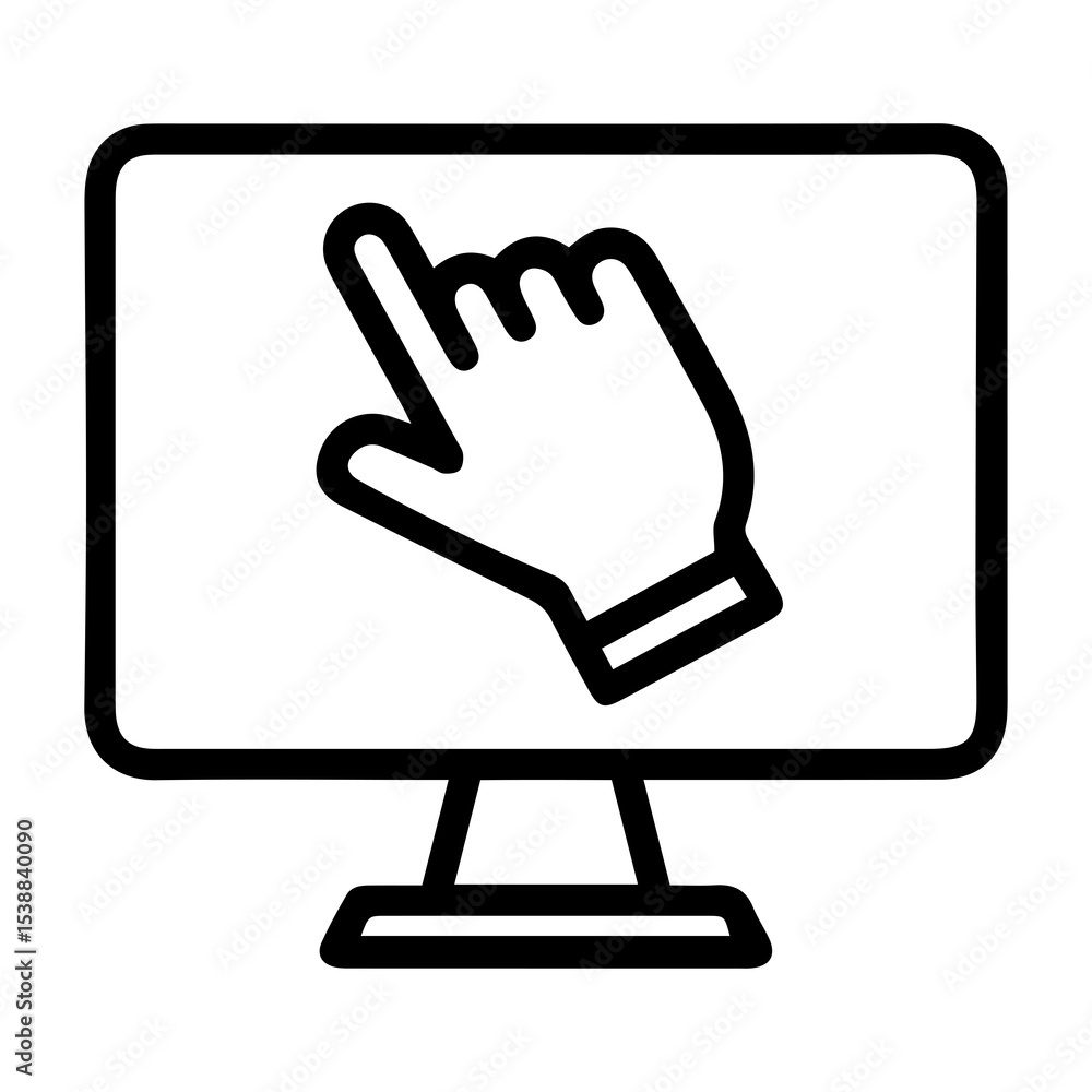 Aufkleber outline style image depicts a desktop computer monitor with a hand-shaped cursor pointing upwards on
