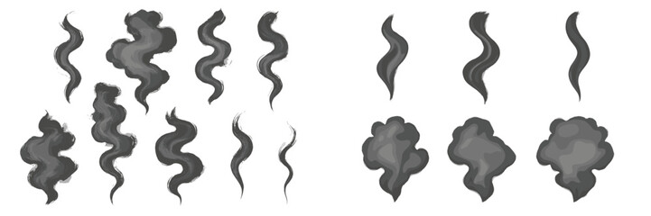 Various artistic smoke patterns in black and gray on a white background created for visual design purposes