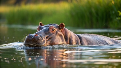 Close-up of hippopotamus swimming in river at golden hour, with natural green background. Wild animal in its habitat, captured in warm evening light. Wildlife nature photography