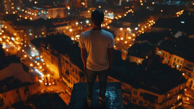 Contemplative man looking out at city lights against a cityscape backdrop words + concept