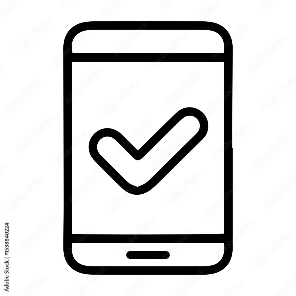 Poster outline style image depicts a smartphone with a large checkmark centrally shown on its screen, denot
