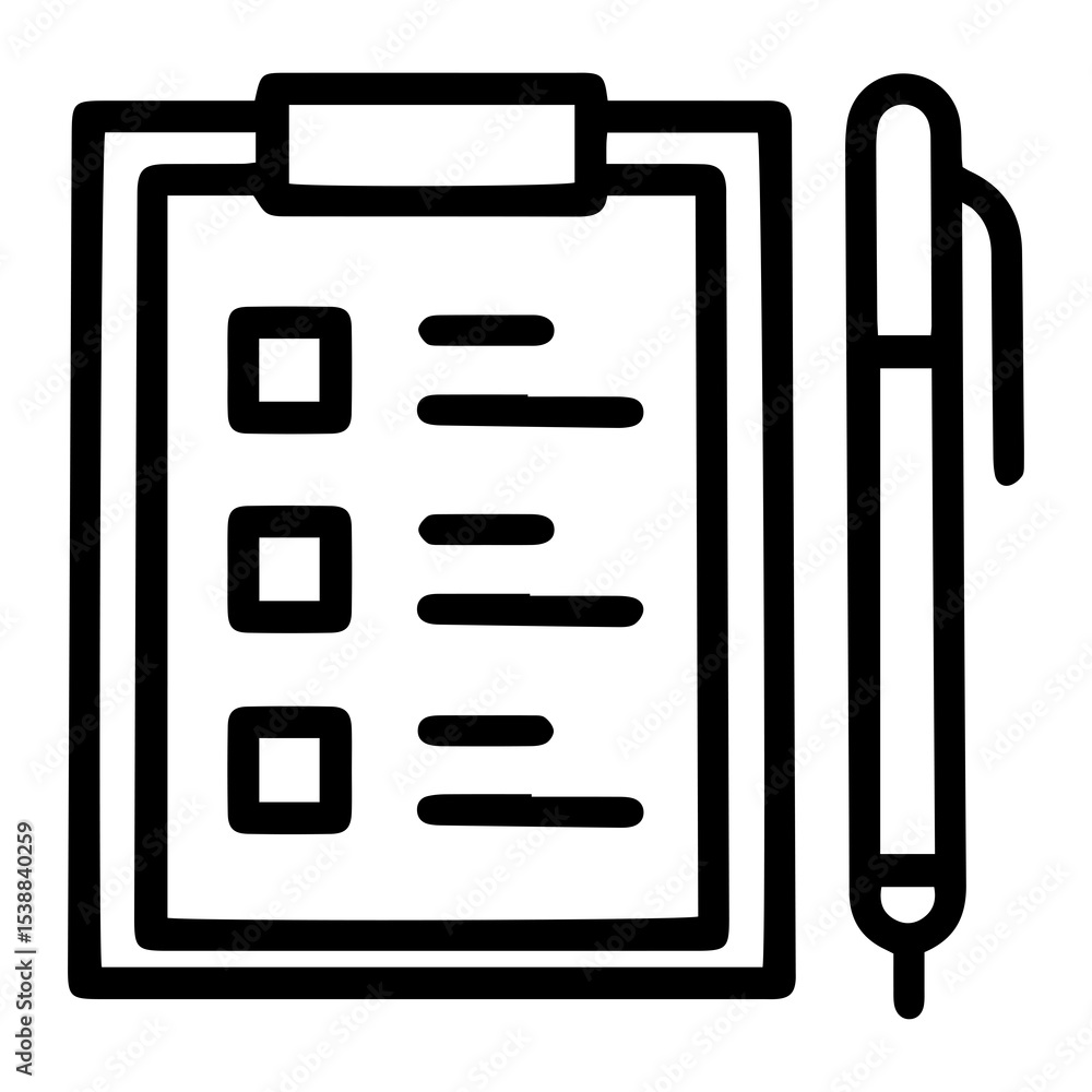 Poster outline style image depicts a clipboard with a document featuring three empty square checkboxes, pla