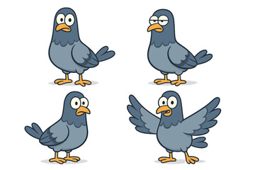 Various cartoon pigeons illustrating different poses and expressions on a plain background