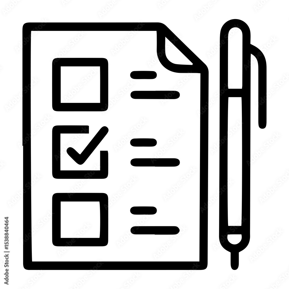 Aufkleber outline style image depicts a paper with a checklist, where one item is marked with a checkmark and 